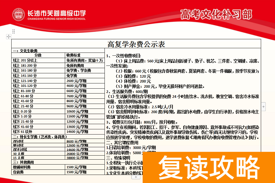 长沙复读学校：长沙芙蓉高级中学复读部